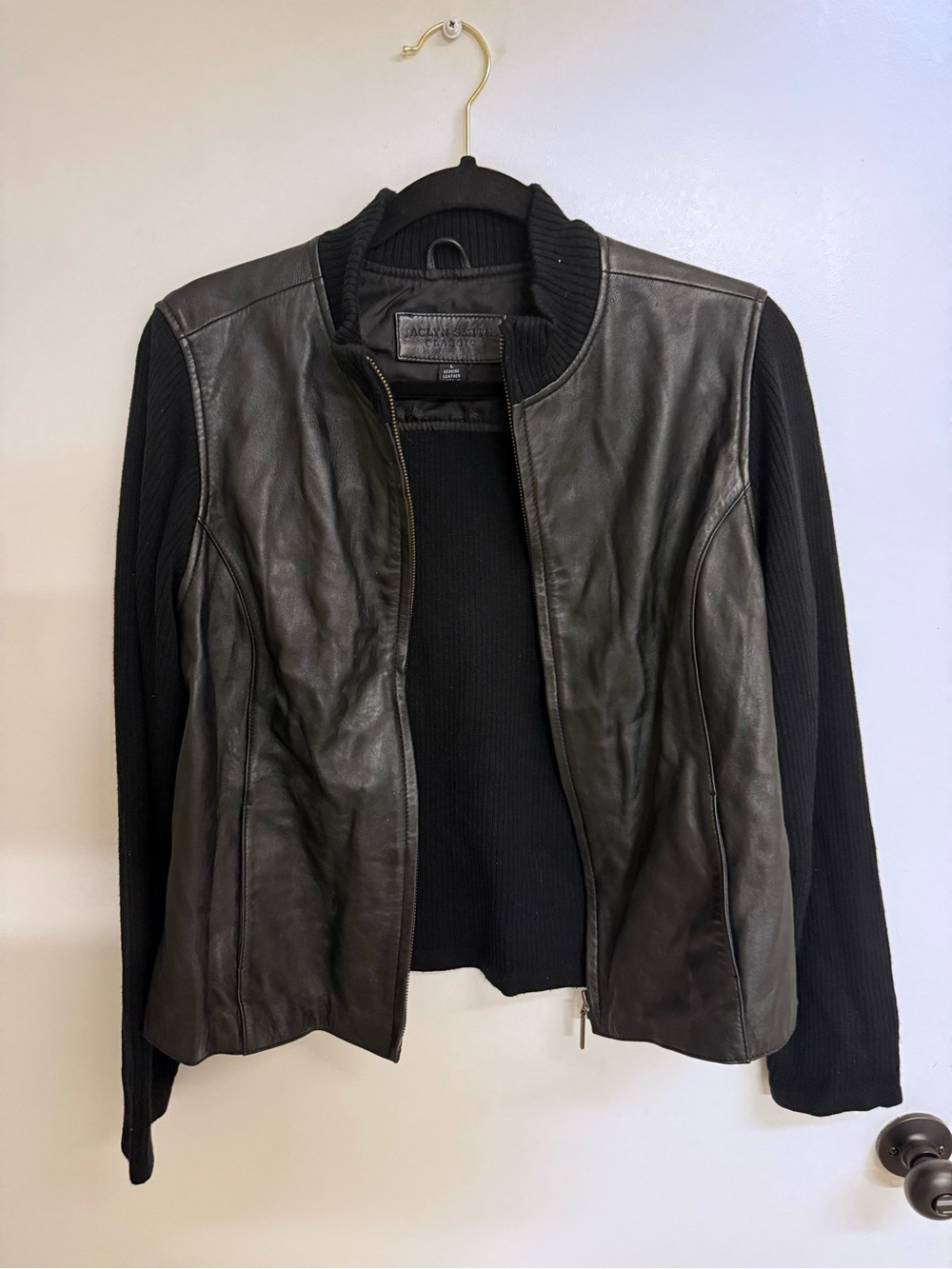 Jaclyn Smith Leather-Front Black Bomber Jacket